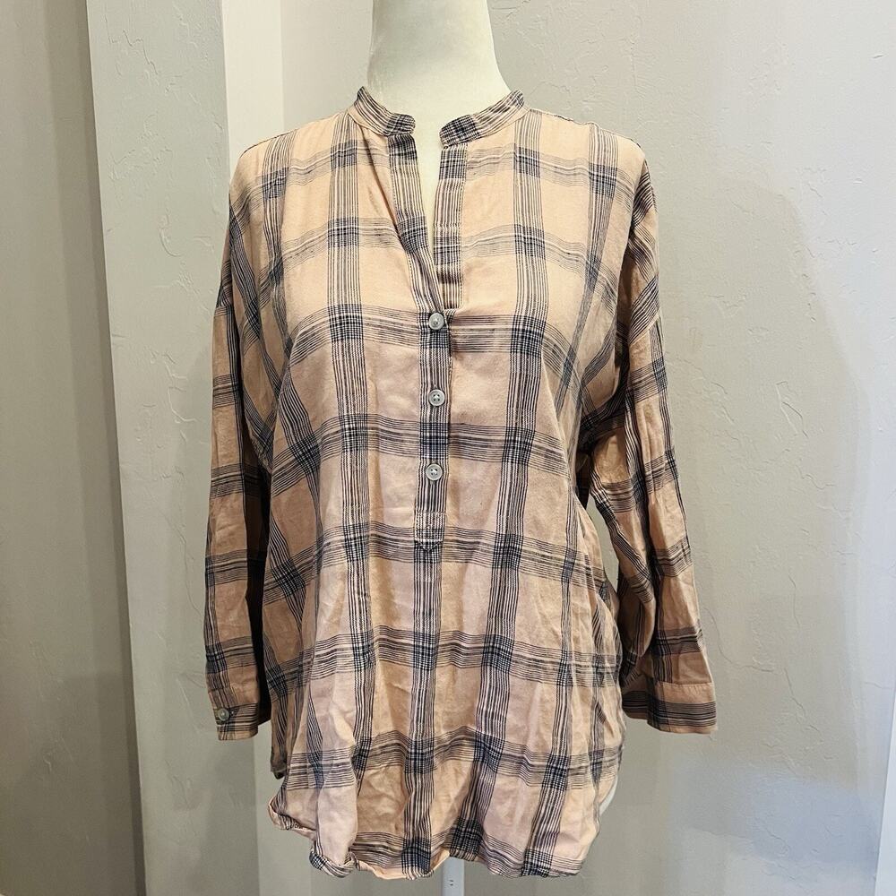Lucky Brand Pink Pop Over Plaid Tunic Top Blouse Size S Relaxed Button-up